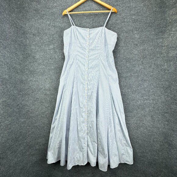 J Crew‎ Button Down Poplin Dress 14 White Blue Stripe Long Maxi Coastal Flowy - Picture 1 of 16